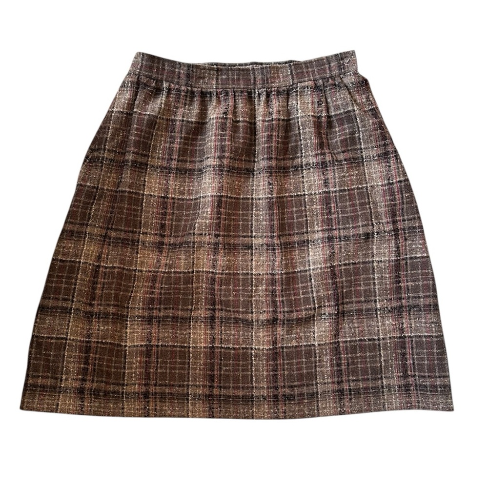Vintage Textured Wool Brown Plaid A-Line Skirt